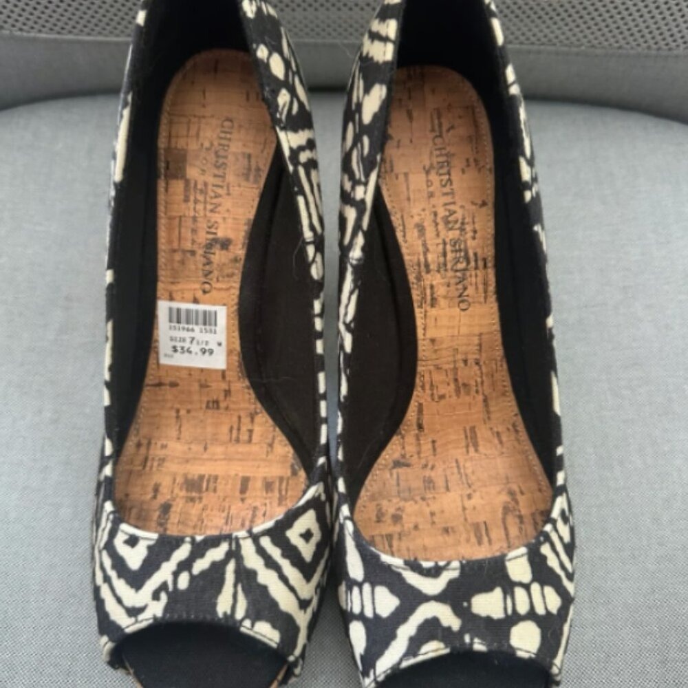 Christian Siriano Tribal Print Cork Stiletto Pumps Black Cream Size 7.5W - Picture 2 of 4